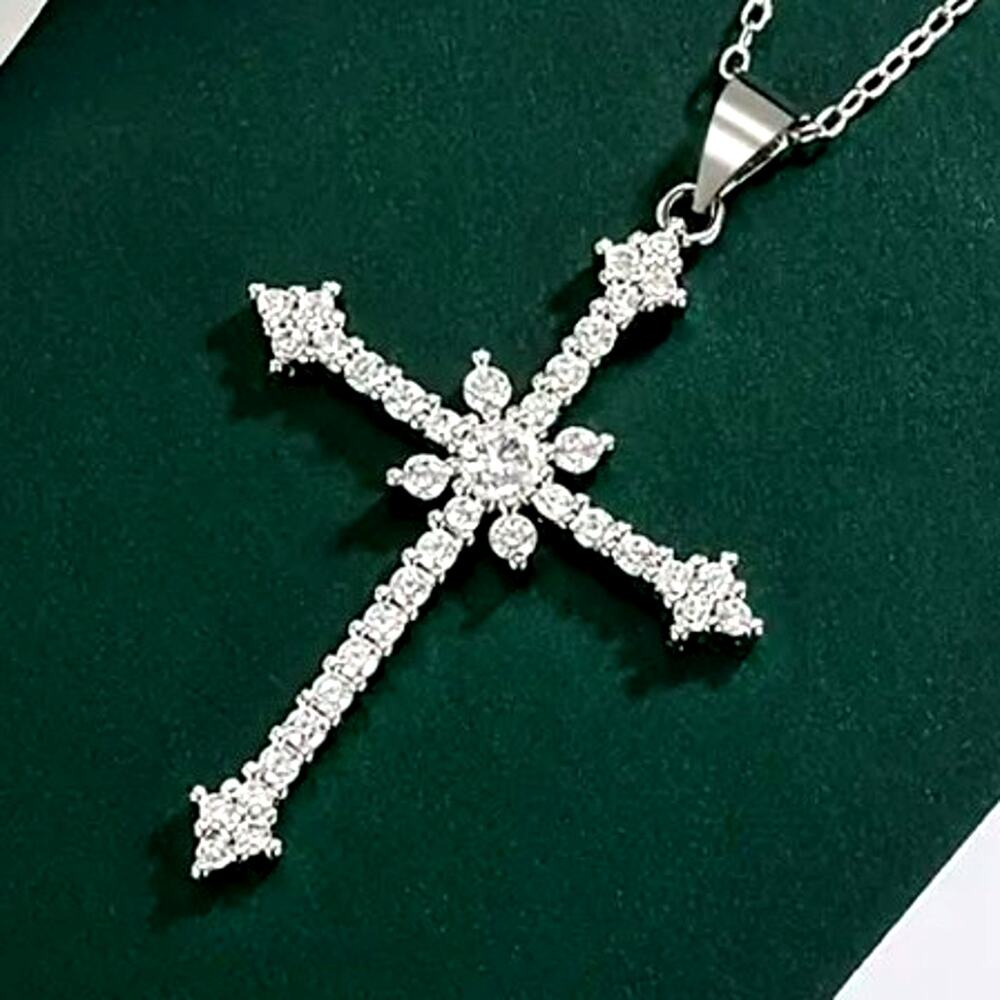 925 Serling Silver Necklace w/ CZ Cross & Star Woman's Valentine's Birthday Gift